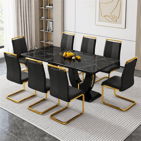 Sumdeal 9-Piece Dining Set, 63 in Black Faux Marble Dining Table with 8 Black PU Leather Chairs, Gold Legs