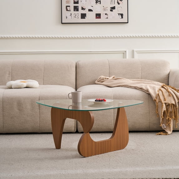 Sumdeal Brown Triangular Glass Coffee Table with Wood Base, 43.3 x 29.5 x 15.7 in