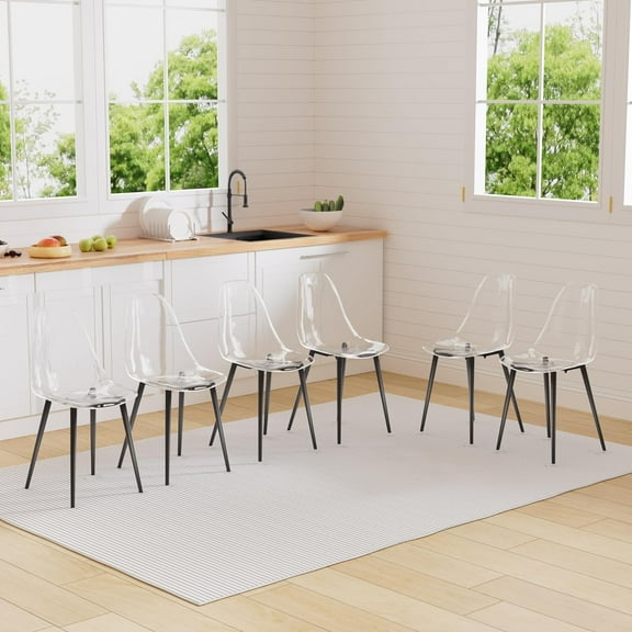 Sumdeal Clear Dining Chairs Set of 6, Modern Kitchen Chairs with Transparent Seat, Acrylic Accent Side Chairs with Metal Legs for Dining Room, Kitchen, Living Room,Black Leg,6