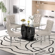 Sumdeal Contemporary 5-Piece Dining Table Set - 63 Tempered Glass Table with Black Double Pedestal Base & 4 Beige Velvet Tufted Dining Chairs