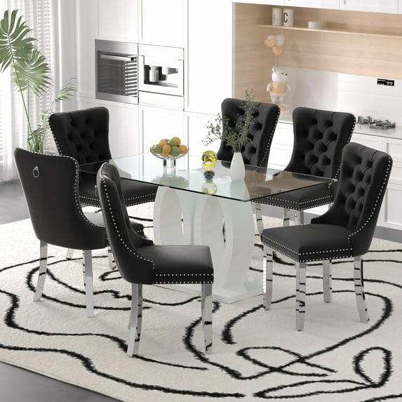 Sumdeal Contemporary 7-Piece Dining Table Set - 63" Tempered Glass Table with White Double Pedestal Base & 6 Black Velvet Tufted Dining Chairs