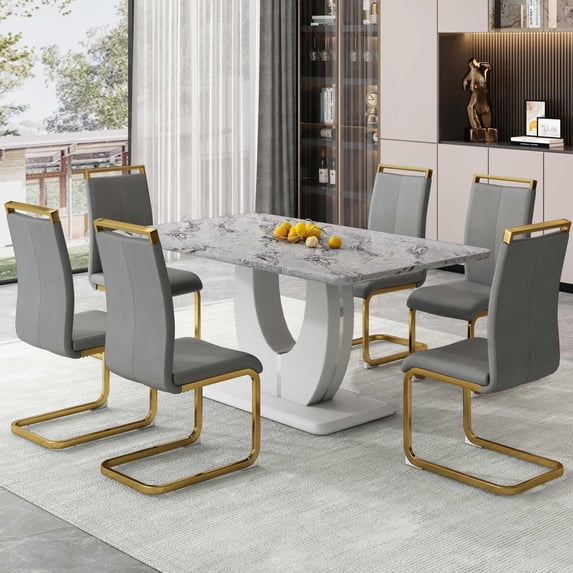 Sumdeal Dining Room Set,63" Modern Faux Marble Dining Table Sets for 6,7 Piece Rectangle Dining Table Set,Table and Chairs,Grey ,Set of 6