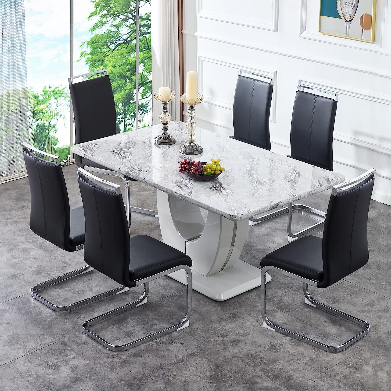Sumdeal Dining Room Set 63 Morden Faux Marble Dining Table Set for 6 7 Piece Rectangle Dining Table Set 6 Pu Leather Upholstered Chairs Ideal