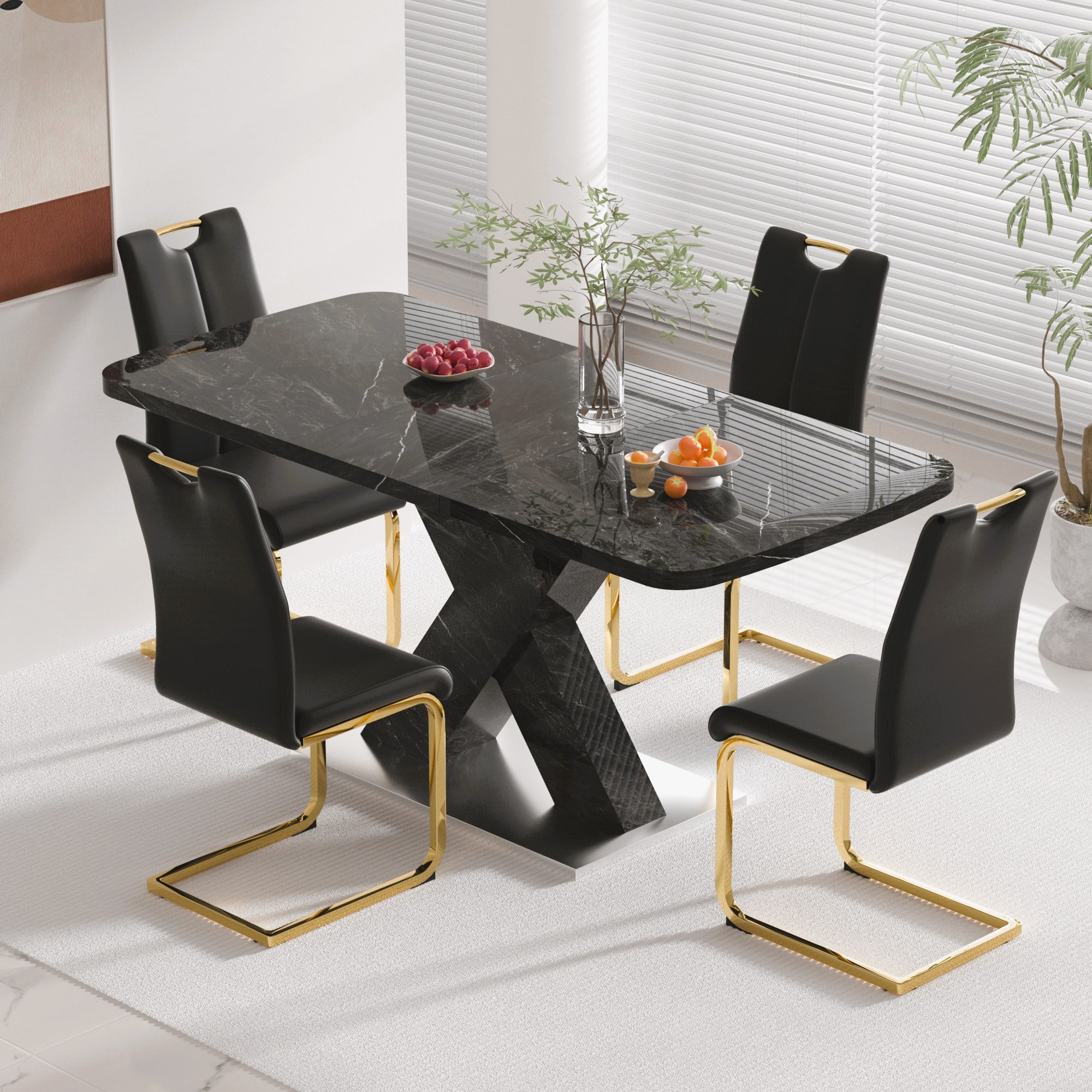 Sumdeal Dining Table Set for 4,Dining Room Table Set 63" Black Faux ...