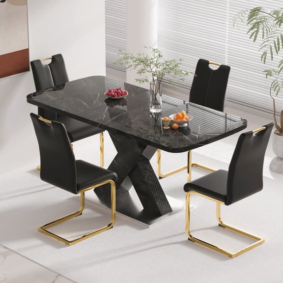 Sumdeal Dining Table Set for 4,Dining Room Table Set 63" Black Faux Marble Dining Table with 4 Golden leg Black Chairs, Kitchen Dining Table and Chairs Set of 4, Modern Dining Set for Dinner