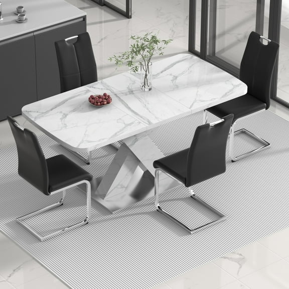Sumdeal Dining Table Set for 4,Dining Room Table Set 63" White Faux Marble Dining Table with 4 Silver leg Black Chairs, Kitchen Dining Table and Chairs Set of 4, Modern Dining Set for Dinner Party