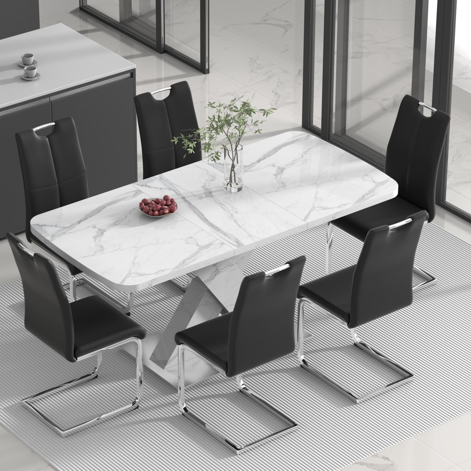 Sumdeal Dining Table Set for 6,Dining Room Table Set 63" White Faux ...