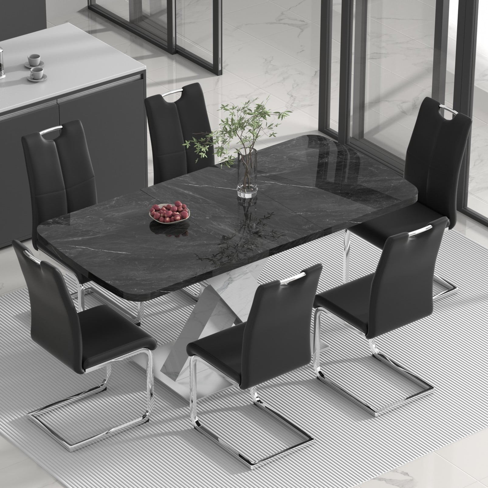 Sumdeal Dining Table Set for 6,Dining Room Table Set 63" Black Top Faux ...