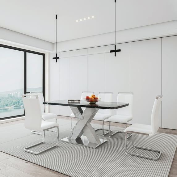 Sumdeal Dining Table Set for 6,Dining Room Table Set 63" Black Top Faux Marble Dining Table with 6 White Chairs, Kitchen Dining Table and Chairs Set of 6, Modern Dining Set for Dinner Party