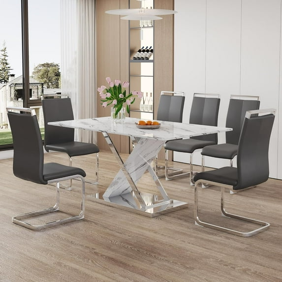 Sumdeal Dining Table Set for 6,Dining Room Table Set 63" Faux Marble Dining Table with 6 Chairs, Kitchen Dining Table and Chairs Set of 6, 7 Piece Modern Dining Set for Dinner Party,Gray