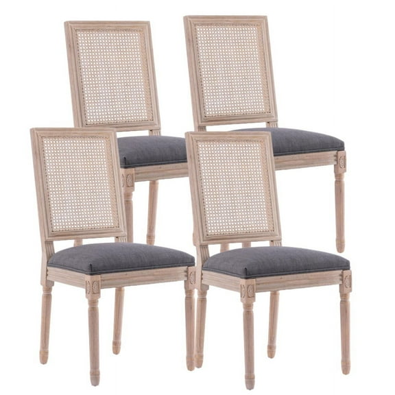 Sumdeal French Country Dining Chairs Set of 4, Farmhouse Dining Chairs with Square Backrest, Upholstered Rattan Dining Chair with Solid Wood Leg for Dining Room Bedroom Kitchen Restaurant