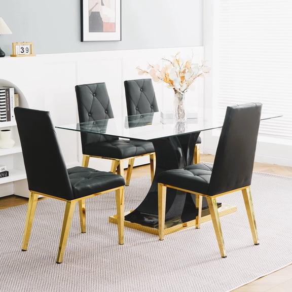 Sumdeal Glass Dining Room Table Sets for 4,Glass Top Black Golden Base Dining Table with 4 Black Golden leg Chairs, Kitchen Dining Table and Chairs Set of 4