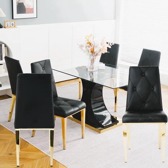Sumdeal Glass Dining Room Table Sets for 6,Glass Top Black Golden Base Dining Table with 6 Black Golden leg Chairs, Kitchen Dining Table and Chairs Set of 6