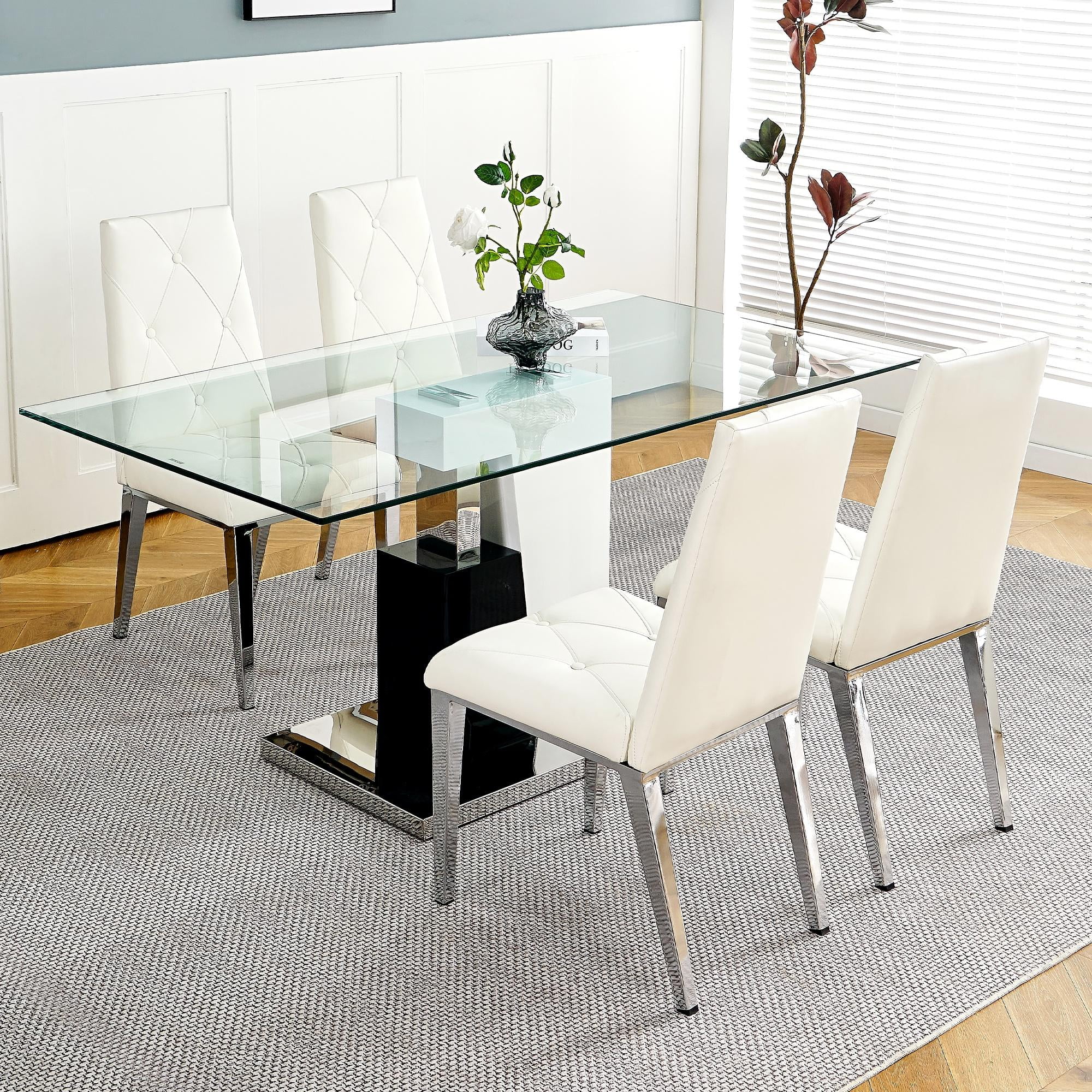 Sumdeal Glass Dining Room Table Sets for 4,Glass Top White and Black Base Dining Table with 4 ...