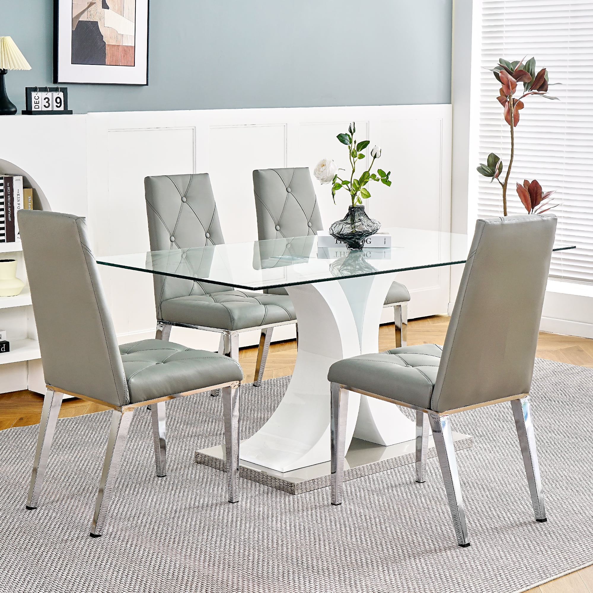 Sumdeal Glass Dining Table Set for 4,Glass Top White Silver Base Dining ...
