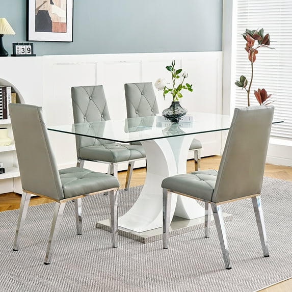 Sumdeal Glass Dining Table Set for 4,Glass Top White Silver Base Dining Table with 4 Gray Chairs, Kitchen Dining Table and Chairs Set of 4, Modern Dining Set for Dining Room