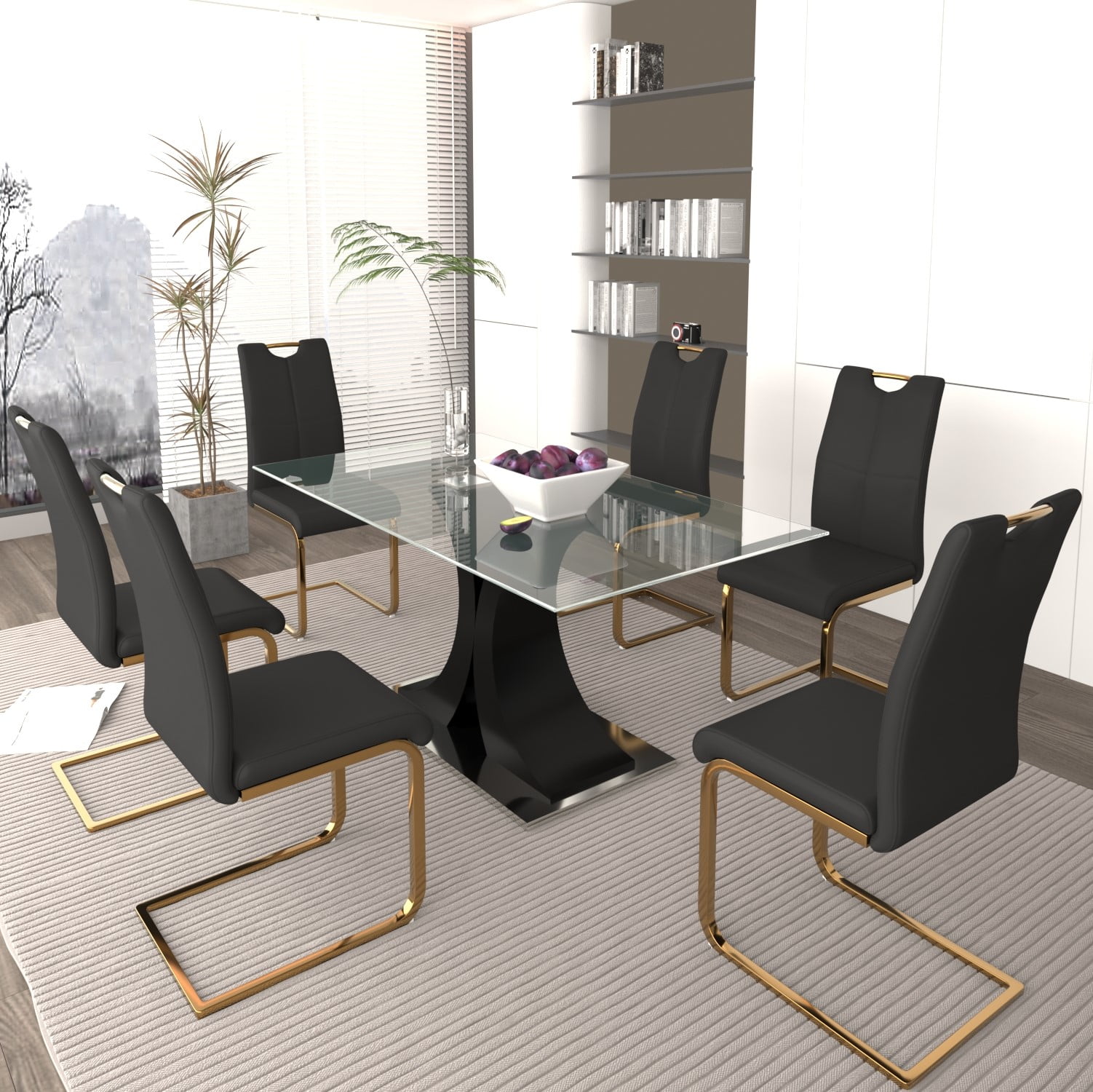 Sumdeal Glass Dining Table Set for 6,Glass Top Black Base Dining Table