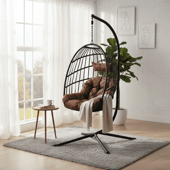 Sumdeal Indoor and Outdoor Egg Swing Chair with Stand - 300 lbs Capacity, Cushions, and Cover, Foldable Hammock Chair for Gardens, Porches, and Balconies