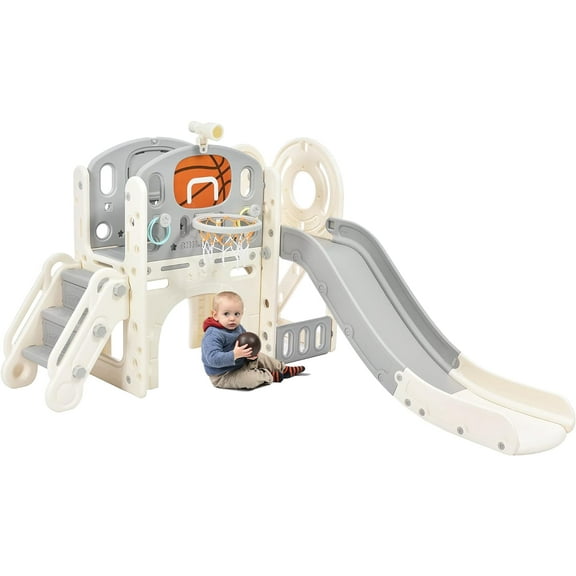 Sumdeal Kids Slide Playset Structure,Freestanding Castle Climbing Crawling Playhouse with Slide,Arch Tunnel,Ring Toss,Basketball Hoop,Toy Storage Organizer for Toddlers,Kids Climbers Playground,Gray
