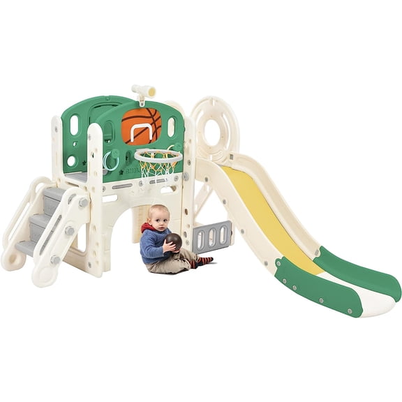 Sumdeal Kids Slide Playset Structure,Freestanding Castle Climbing Crawling Playhouse with Slide,Arch Tunnel,Ring Toss,Basketball Hoop,Toy Storage Organizer for Toddlers,Kids Climbers Playground,Green