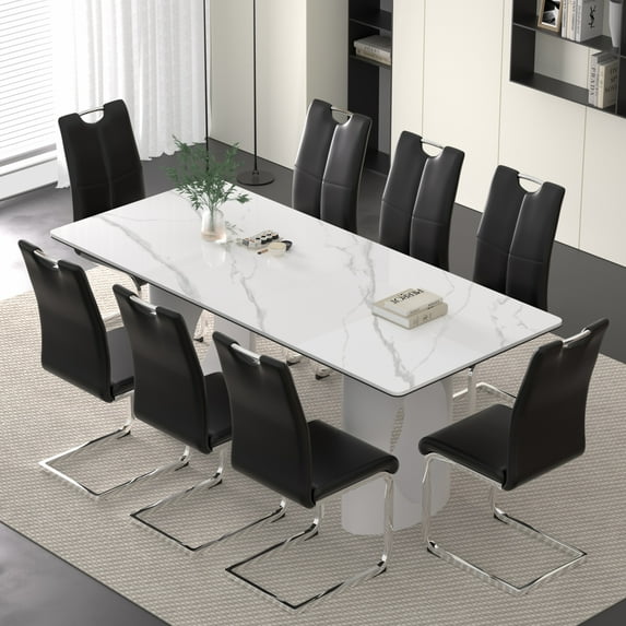 Sumdeal Luxurious Modern Dining Table Sets for 8: Sintered Stone Table with 8 PU Leather Chairs
