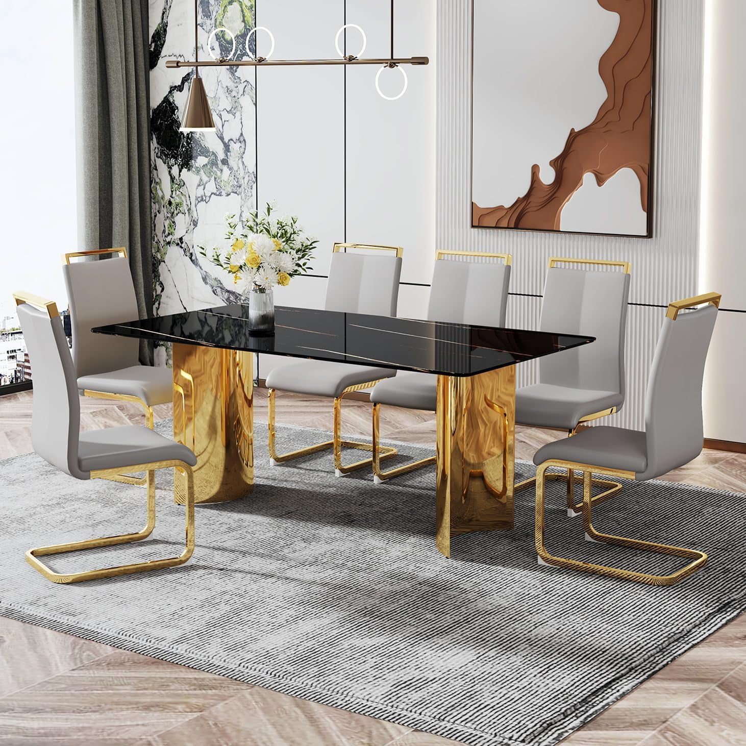 Sumdeal Luxury Black Faux Marble Dining Table Sets for 6, Classic ...
