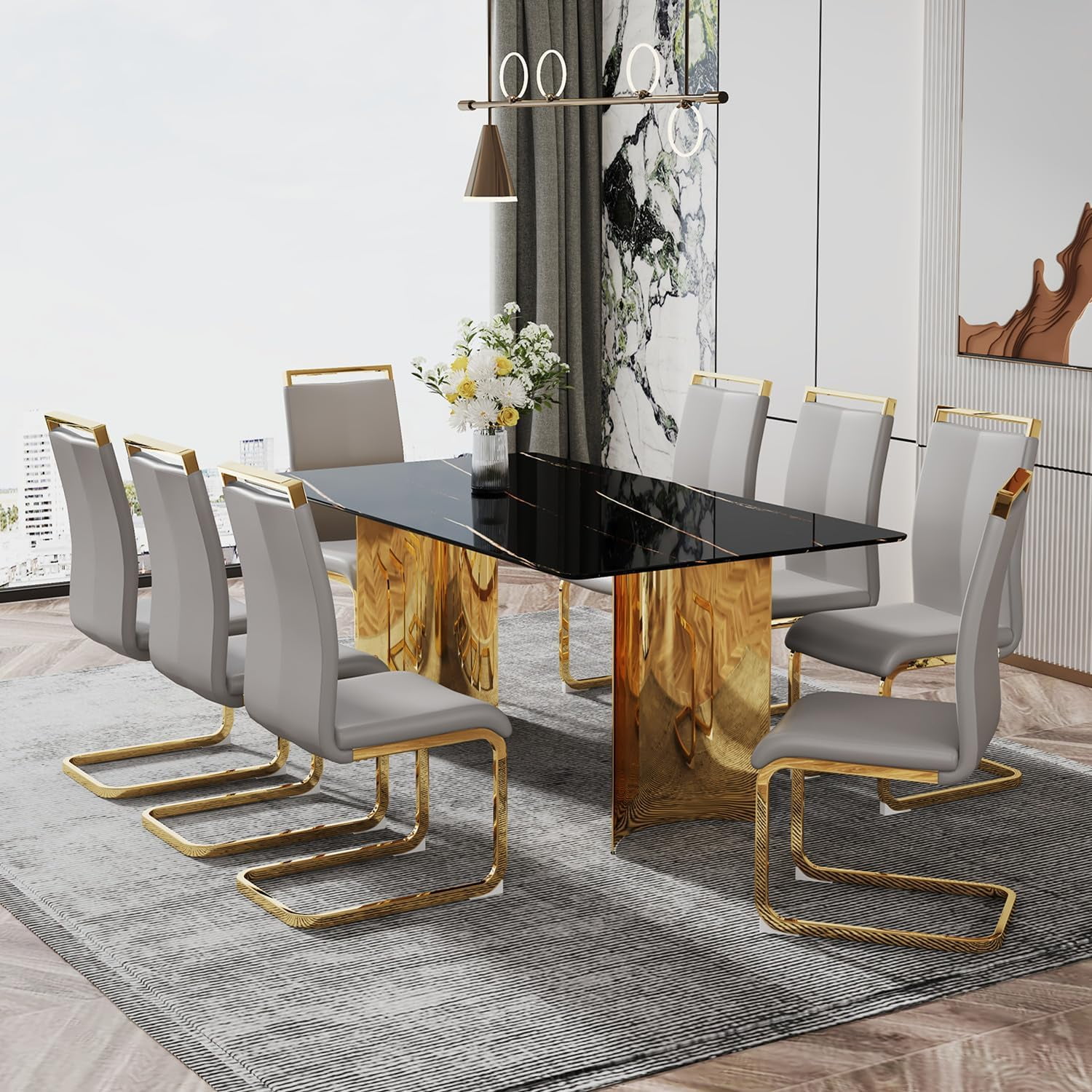 Sumdeal Luxury Black Faux Marble Dining Table Sets for 8, Classic ...