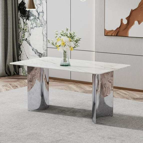 Sumdeal Luxury Faux Marble Dining Table for 6, 63" Rectangular Kitchen Table with Polished Silver Pedestal Base for 4-6 People in Kitchen Dining Room