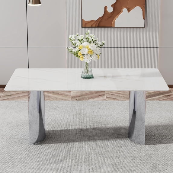 Sumdeal Luxury Faux Marble Dining Table for 6, 71" Rectangular Kitchen Table with Polished Silver Pedestal Base for 4-8 People in Kitchen Dining Room