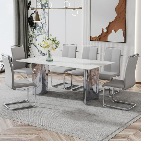 Sumdeal Luxury White Faux Marble Dining Table Set for 6, Modern Kitchen Table with 6 Light Grey Leather Dining Chairs 7-Piece Dining Table and Chairs for 6 with Polished Silver Metal Legs
