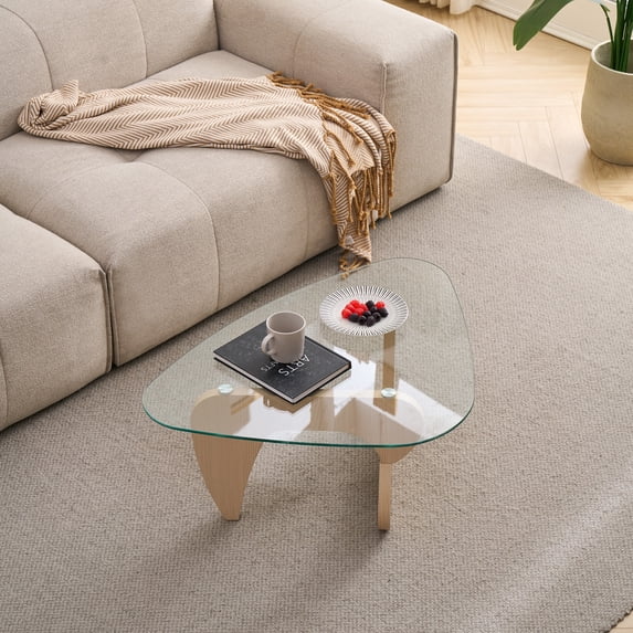 Sumdeal Mid-Century Glass Coffee Table, Walnut Brown Wood Base, Rectangular Living Room Center Table, 35.82x25.59 in