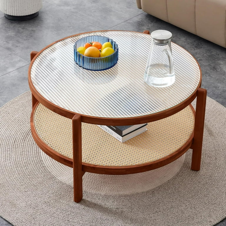 Sumdeal Mid Century Modern Coffee Table with Glass Top and PE Rattan Storage Shelf 2 Tier 35 inch Solid Wood Round Boho Coffe Table Unique Center