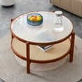 thumbnail image 1 of Sumdeal Mid Century Modern Coffee Table with Glass Top and PE Rattan Storage Shelf, 2-Tier 35 Inch Solid Wood Round Boho Coffe Table, Unique Center Table for Livinig Room Apartment Small Space, 1 of 7