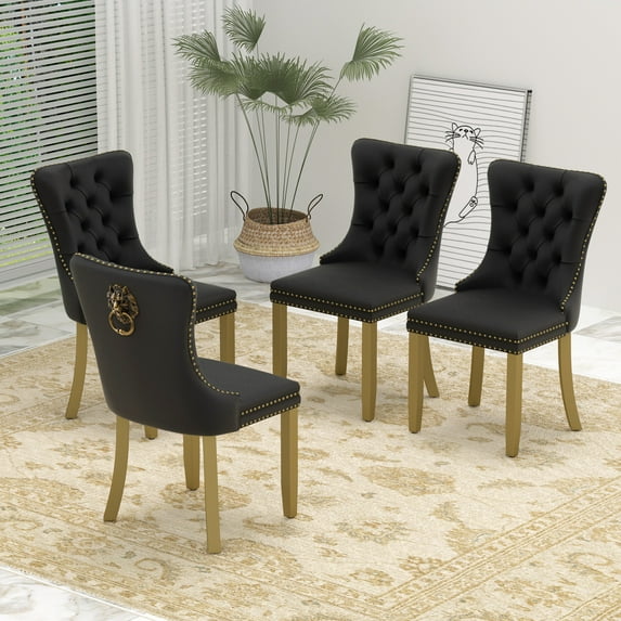 Sumdeal Mid-Century Modern Dining Chairs with Lion Head Pull Ring - High-End Tufted Velvet Upholstered Accent Chairs with Golden Legs & Nailhead Trim,Black,Set of 4
