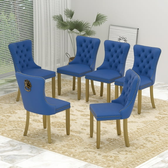 Sumdeal Mid-Century Modern Dining Chairs with Lion Head Pull Ring - High-End Tufted Velvet Upholstered Accent Chairs with Golden Legs & Nailhead Trim,Blue,Set of 6