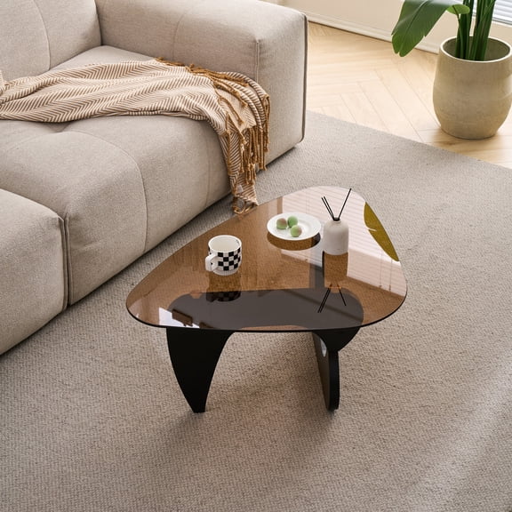 Sumdeal Mid-Century Modern Rectangular Glass Coffee Table, Black and Brown, 35.82x25.59x15.74 in, Living Room Center Table