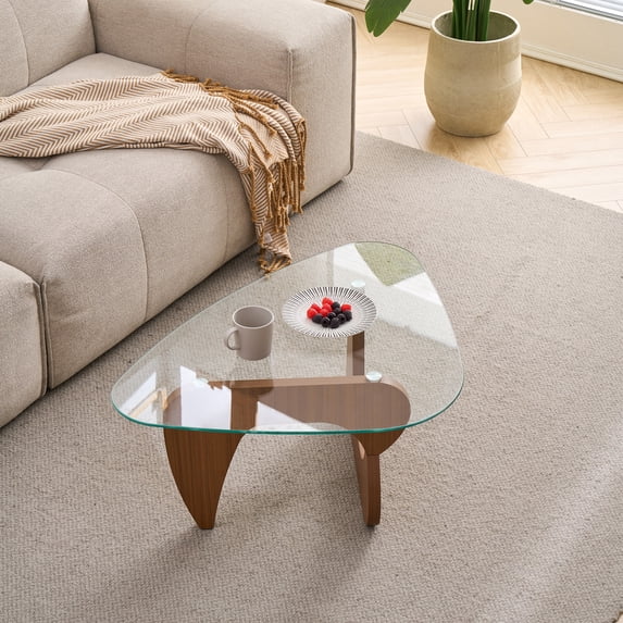 Sumdeal Mid-Century Rectangular Glass Coffee Table with Wood Base, 35.82 in, Brown, Living Room Center Table