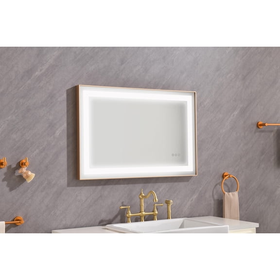 Sumdeal Mirror Bathroom Mirror 36"X24" Rectangular Aluminum Framed Anti-Fog LED Lighted Wall Bathroom Vanity Mirror with Lights,Gold