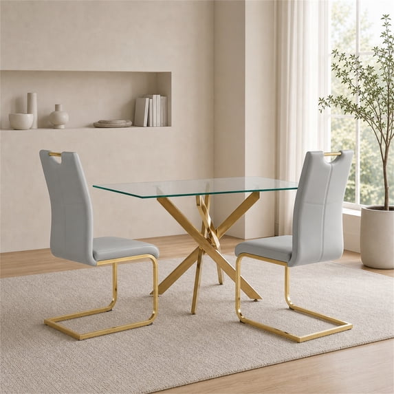 Sumdeal Modern 3-Piece Dining Set, 47.24-Inch Rectangular Tempered Glass Table with 2 Gray PU Leather High-Back Chairs, Gold Legs