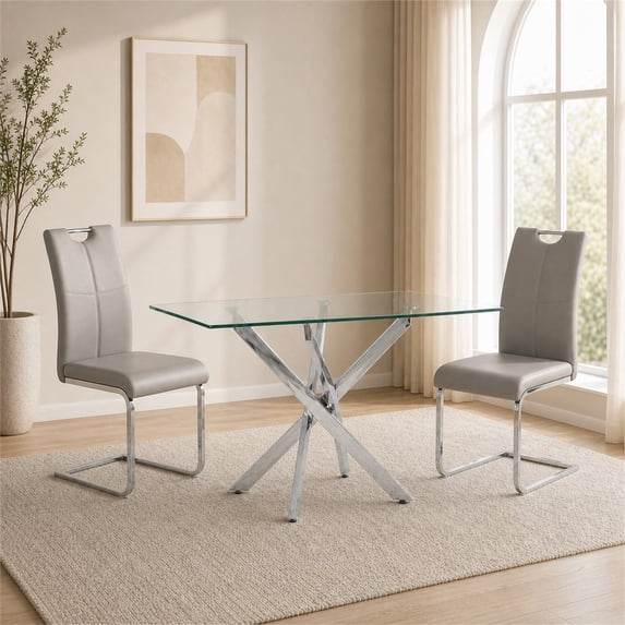 Sumdeal Modern 3-Piece Dining Set, 47.24-Inch Rectangular Tempered Glass Table with 2 Gray PU Leather High-Back Chairs, Silver Legs