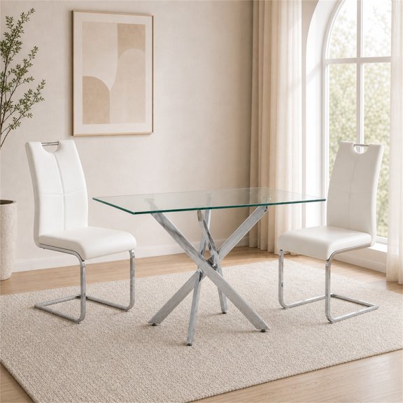 Sumdeal Modern 3-Piece Dining Set, 47.24-Inch Rectangular Tempered Glass Table with 2 White PU Leather High-Back Chairs, Silver Legs