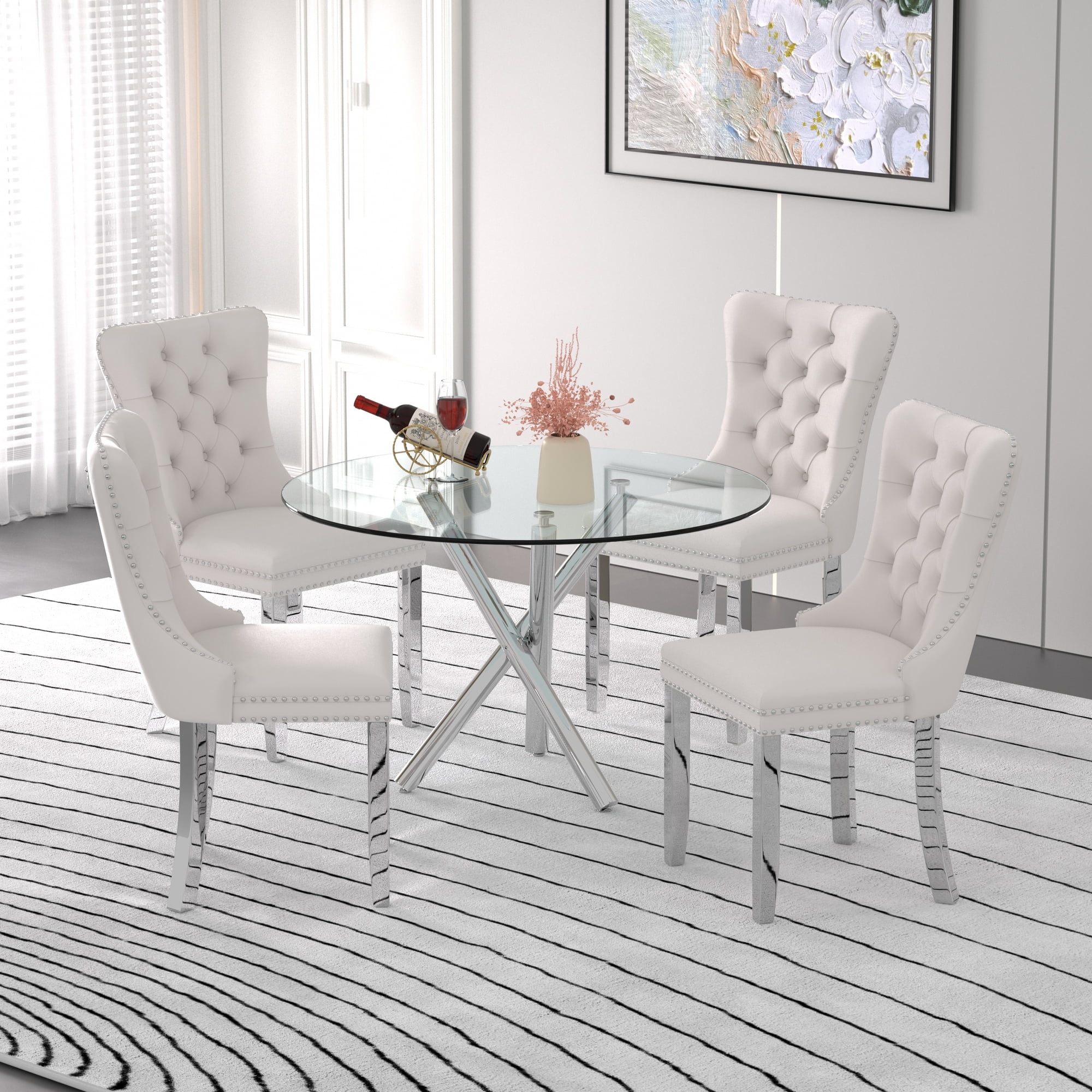 Sumdeal Modern 47" Round Glass Dining Table and 4 Velvet Upholstered ...