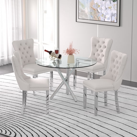 Sumdeal Modern 47" Round Glass Dining Table and 4 Velvet Upholstered Chair Set,Beige and Silver Leg