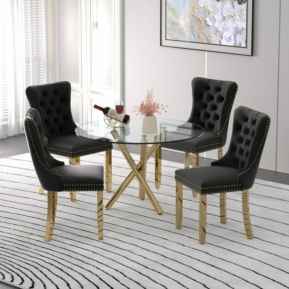Sumdeal Modern 47" Round Glass Dining Table and 4 Velvet Upholstered Chair Set,Black and Golden Leg