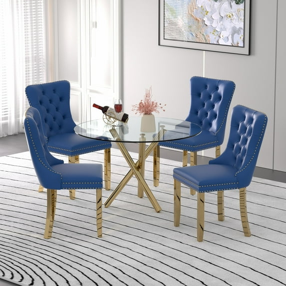 Sumdeal Modern 47" Round Glass Dining Table and 4 Velvet Upholstered Chair Set,Blue and Golden Leg