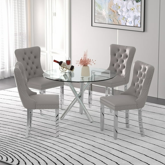 Sumdeal Modern 47" Round Glass Dining Table and 4 Velvet Upholstered Chair Set,Blue and Gray Leg