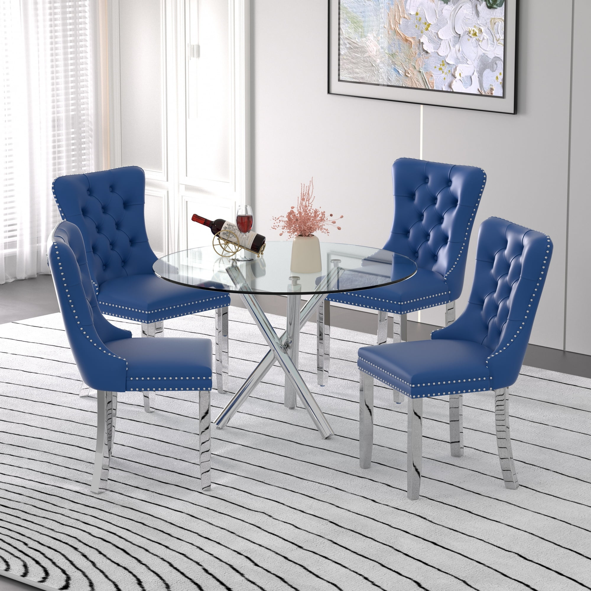 Sumdeal Modern 47" Round Glass Dining Table and 4 Velvet Upholstered ...