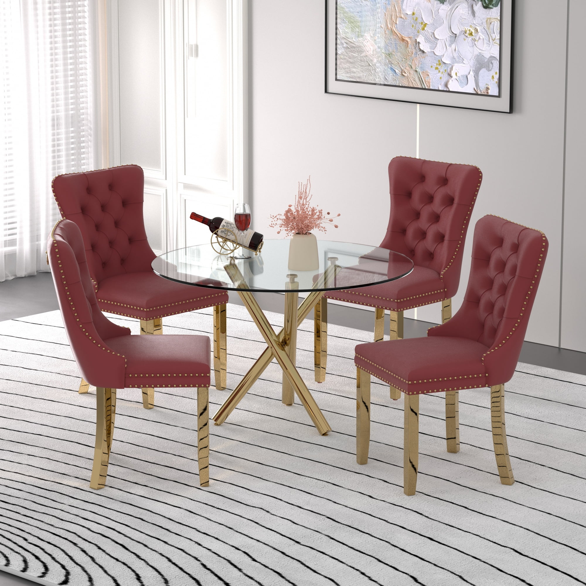 Sumdeal Modern 47" Round Glass Dining Table and 4 Velvet Upholstered Chair Set,Red and Golden ...