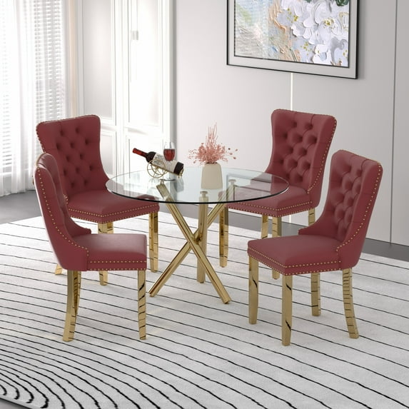 Sumdeal Modern 47" Round Glass Dining Table and 4 Velvet Upholstered Chair Set,Red and Golden Leg