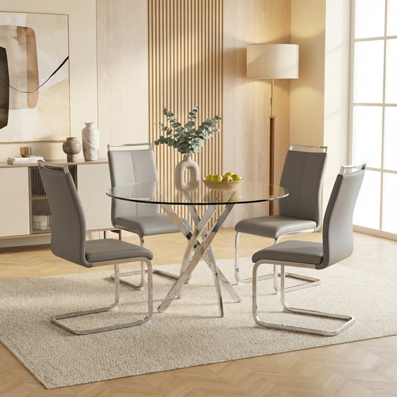 Sumdeal Modern 5-Piece Dining Set, 42" Round Tempered Glass Table & 4 Light Gray PU Leather Chrome C-Frame Chairs, Kitchen Dining Room Furniture